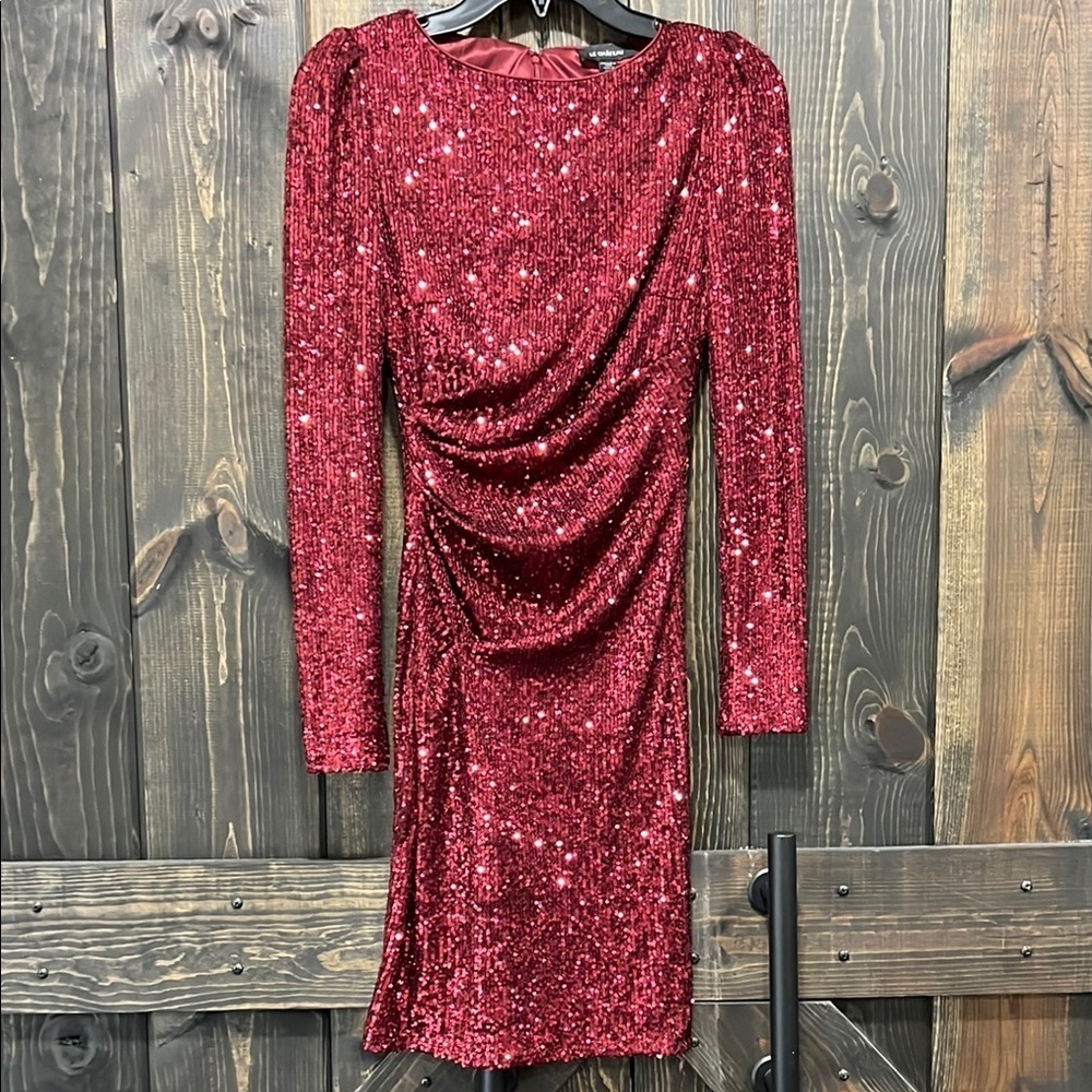 NWT Le Chateau Sequin Mini Dress XXS Raspberry Wine Draped Formal Sparkly Glam